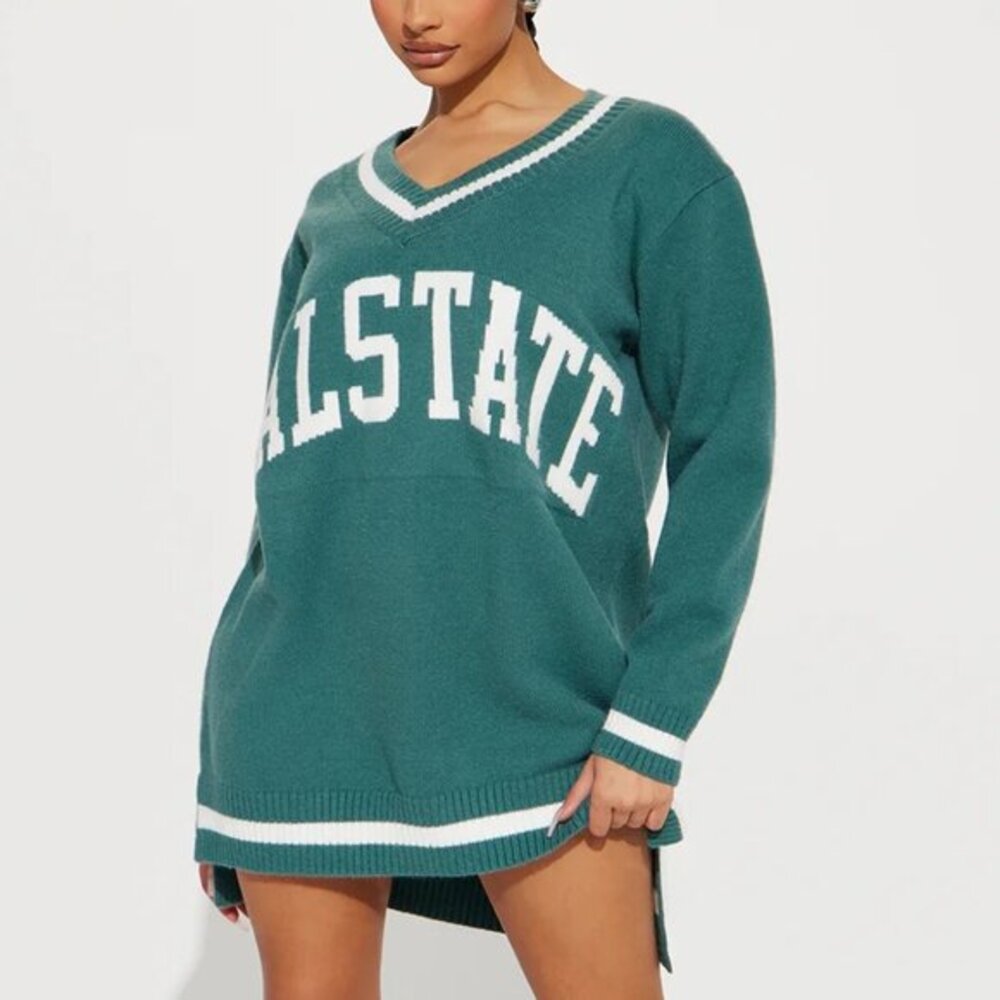 Fashion Nova Cal State‎ Sweater Dress 1X Green Varsity Oversized Mini Graphic